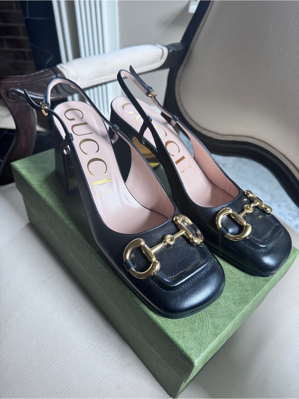 Gucci Black Leather Slingback Pumps with Gold Horsebit Accent